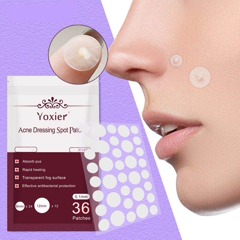 Yoxier invisible acne patches set with packaging, applied on blemish for effective spot care.